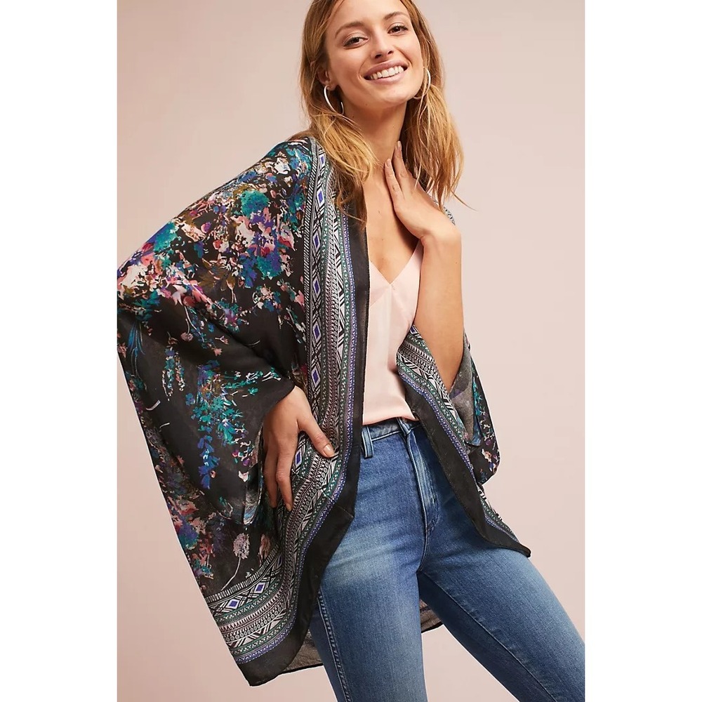 Elizabeth Gillett Anthro Floral Coocon Kimono Wrap Open Front Cardigan Boho OS